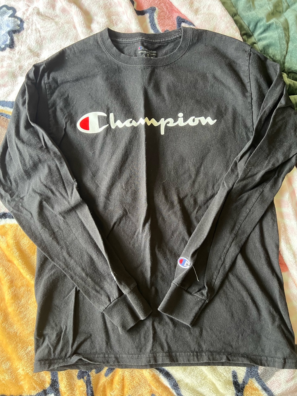 Champion Black Long Sleeve Tee with Red & White Logo